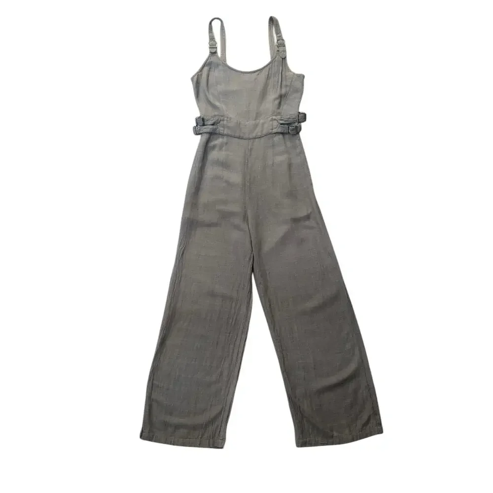 Jonny Cota Women's Chick Buckle Gray Linen Overalls Jumpsuit S Wide‎ Leg Luxury